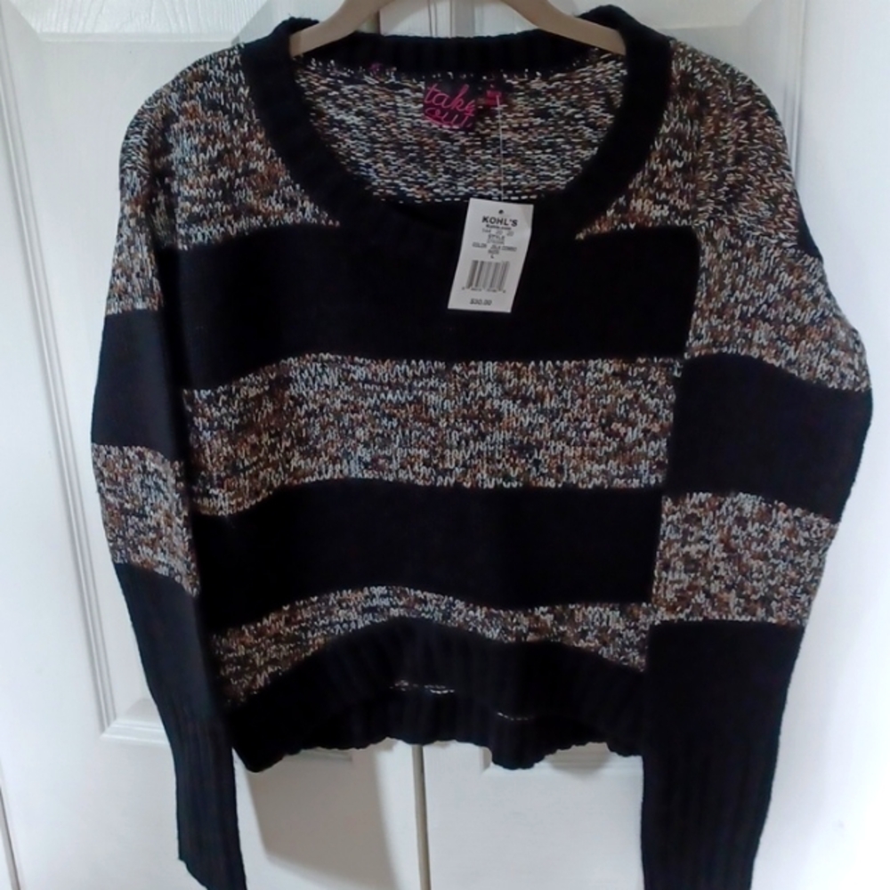 Take Out Gray black, brown, white striped sweater.  Cropped Sweater size L
